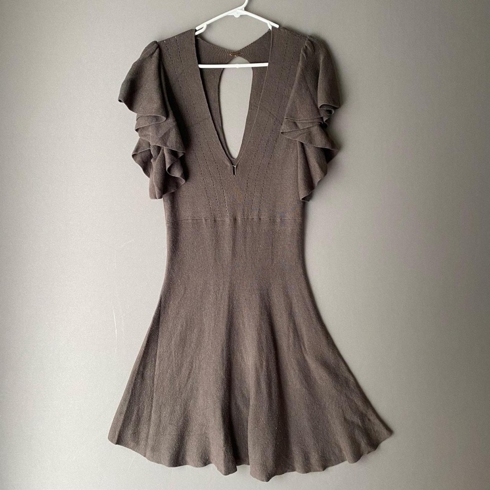 Elegant Brown Ruffle Sleeve Dress